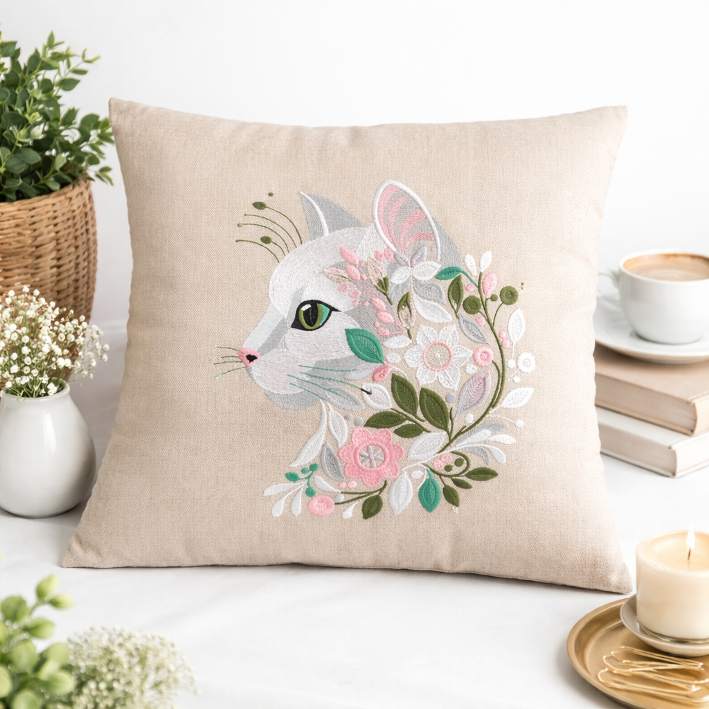 Cuscino Decorativo 45×45 cm – Gatto con Motivi Floreali Ricamati