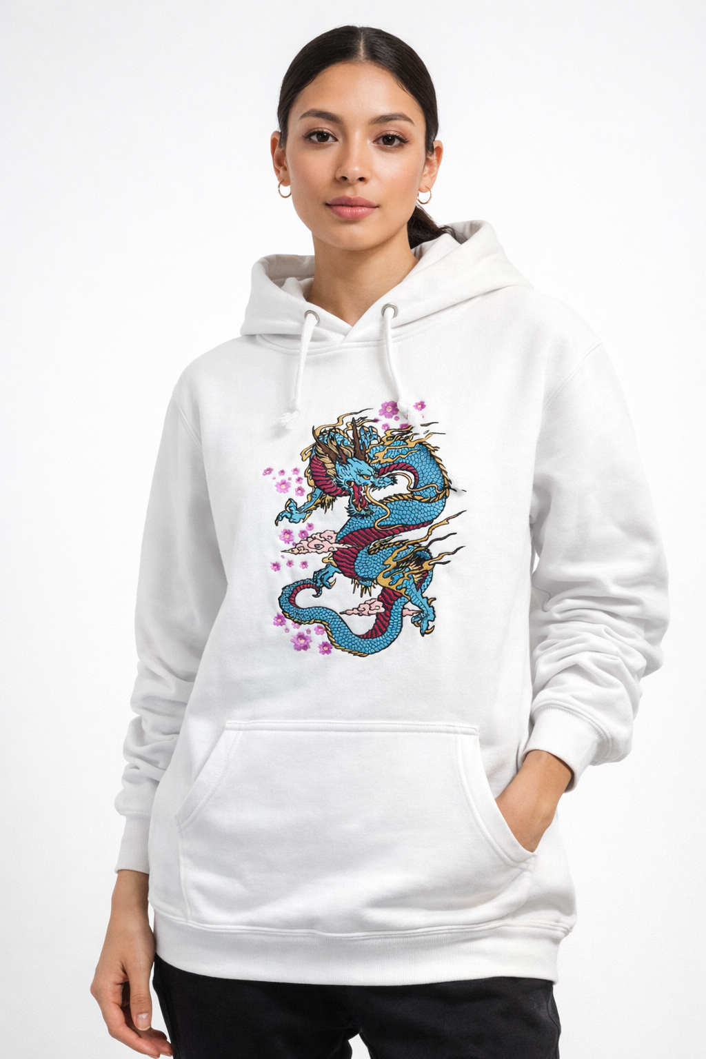 Felpa con Cappuccio Bianca con Ricamo Drago azzurro
