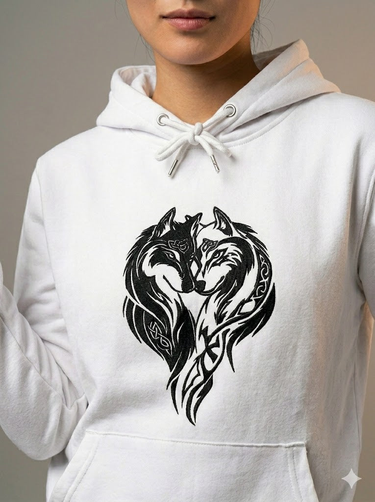 Felpa con Cappuccio Ricamata "Lupi Gemelli Celtici - Spirito e Unità"